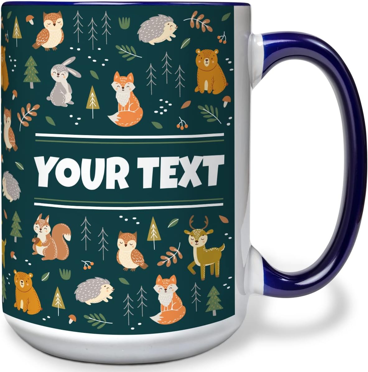 Personalized Mug for Kids - Woodland Animals - Custom Name/Text, Ceramic Hot Chocolate/Cocoa/Coffee Cup for Boys/Girls, Birthday/Christmas/Holiday Gift - 15 oz, Navy Blue