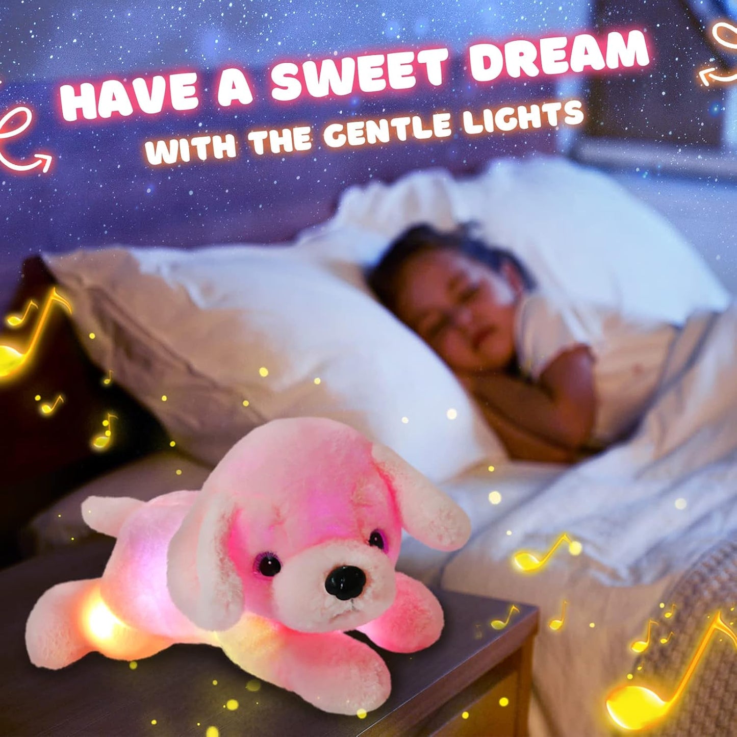 Glow Guards 15'' Pink Light up Musical Puppy Dog Stuffed Animal Soft Plush LED Night Lights Glow Bedtime Pal Birthday Children's Day Gifts for Toddler Kids