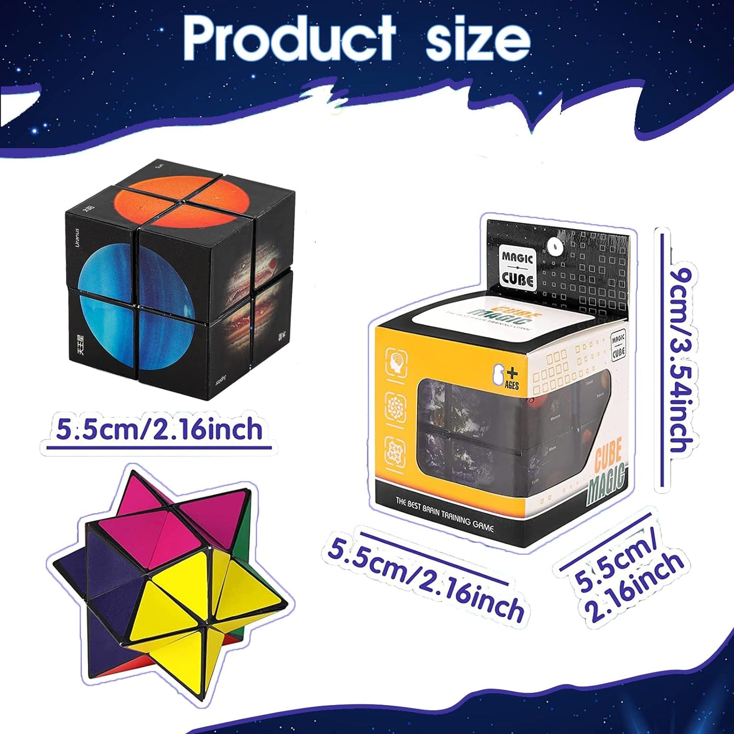 2 in 1 Kids Fidget Toy Magic Cube with Colorful Solar System Planet Pattern for Boys Girls