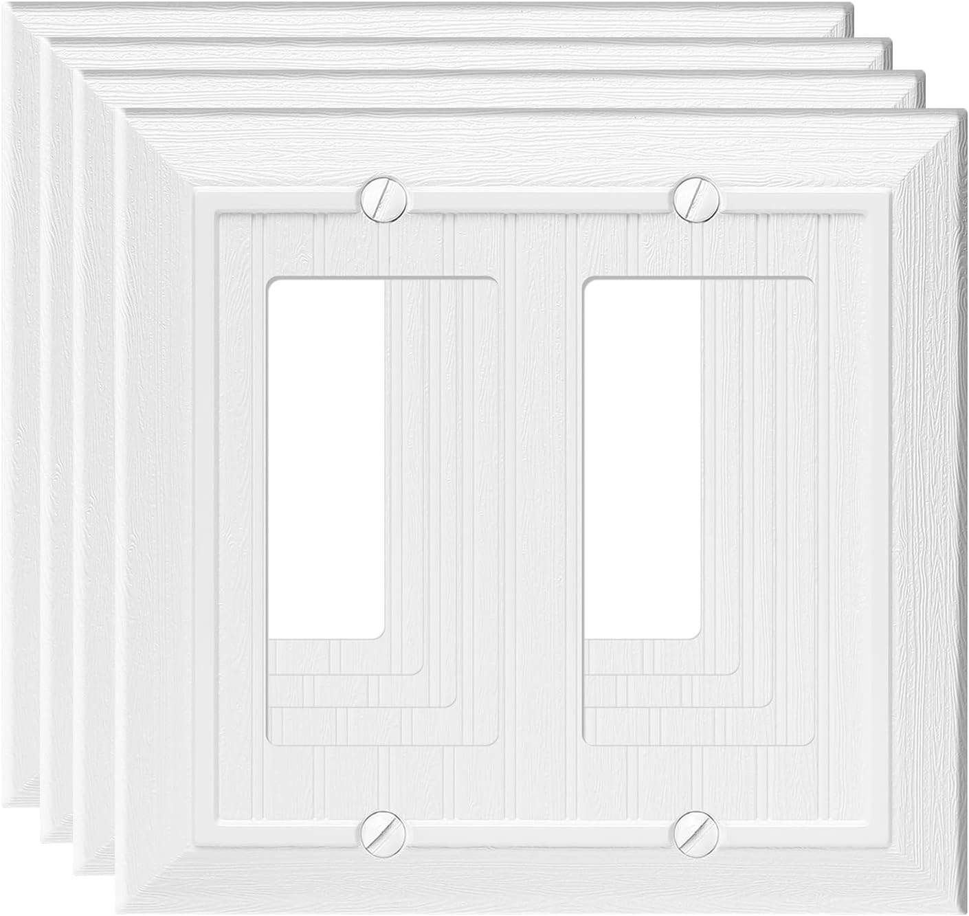 Modern Decorative Wall Plate Switch Plate Outlet Cover, Vintage Retro Wood Grain Design (Double Decorator-4 Pack, White)