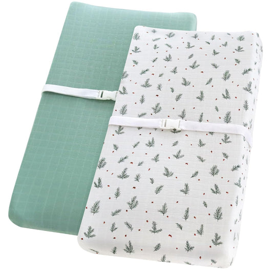 LifeTree 2 Pack Changing Pad Cover Unisex - Soft Muslin Fitted Changing Table Sheets - 16"x32" Organic Cotton - Pine Needles and Roman Green