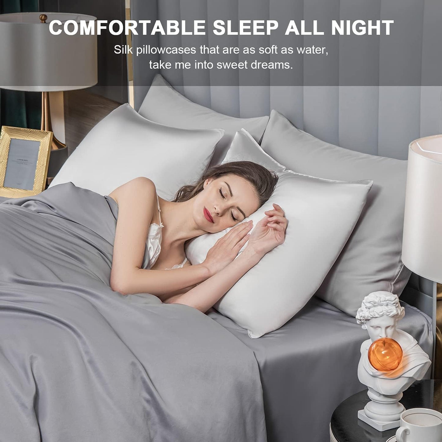 SIYUAN Silk Light Gray Pillowcase, Standard Size, Temperature Regulator, Beauty Anti-Aging, Hidden Zipper