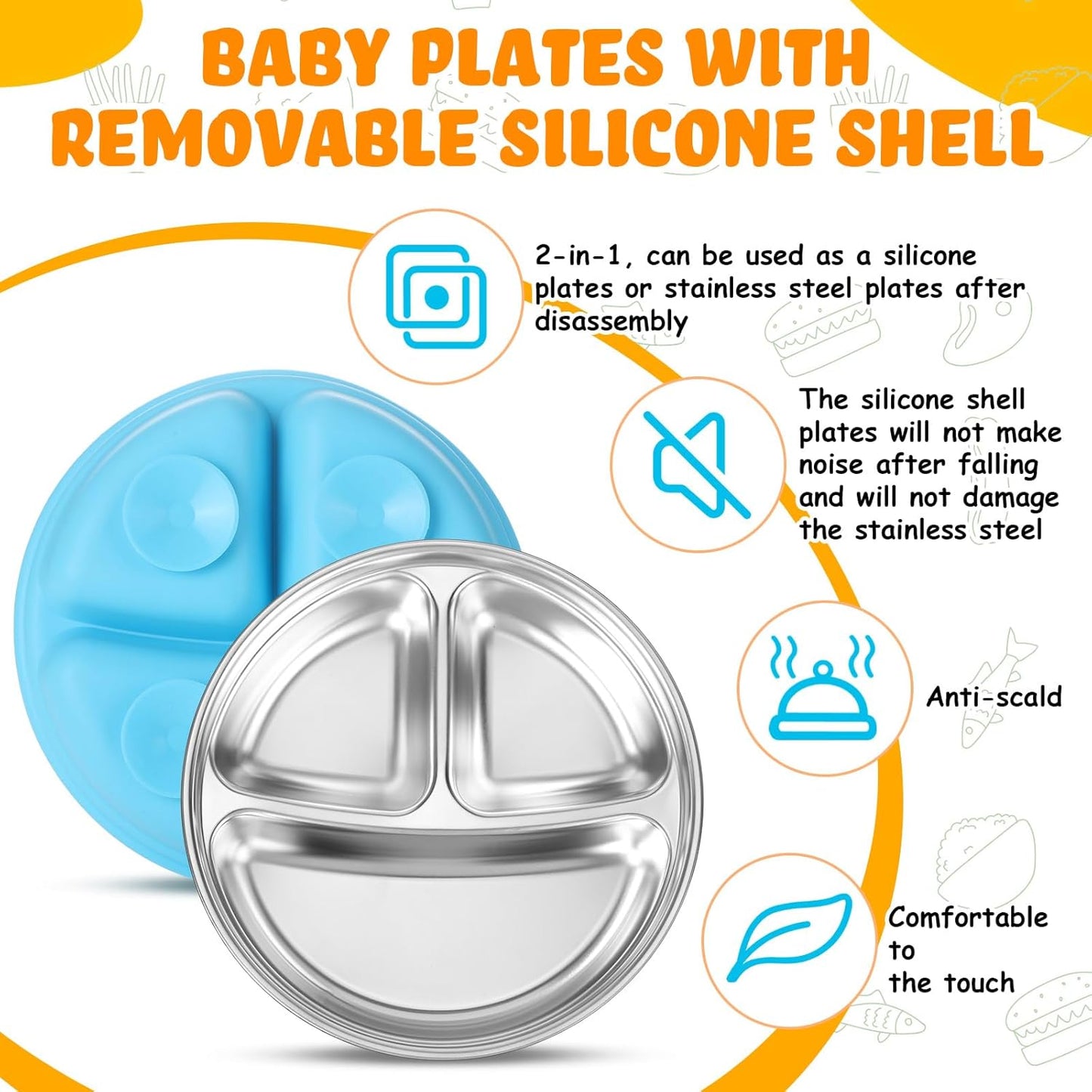 Nuogo 3 Pcs Stainless Steel Baby Suction Plates with Removable Silicone Shell 2-in-1 Metal Toddler Bowl Divided for Picky Eaters Kid Feeding Led Weaning Supply, Dishwasher Safe (Yellow,Blue,Green)