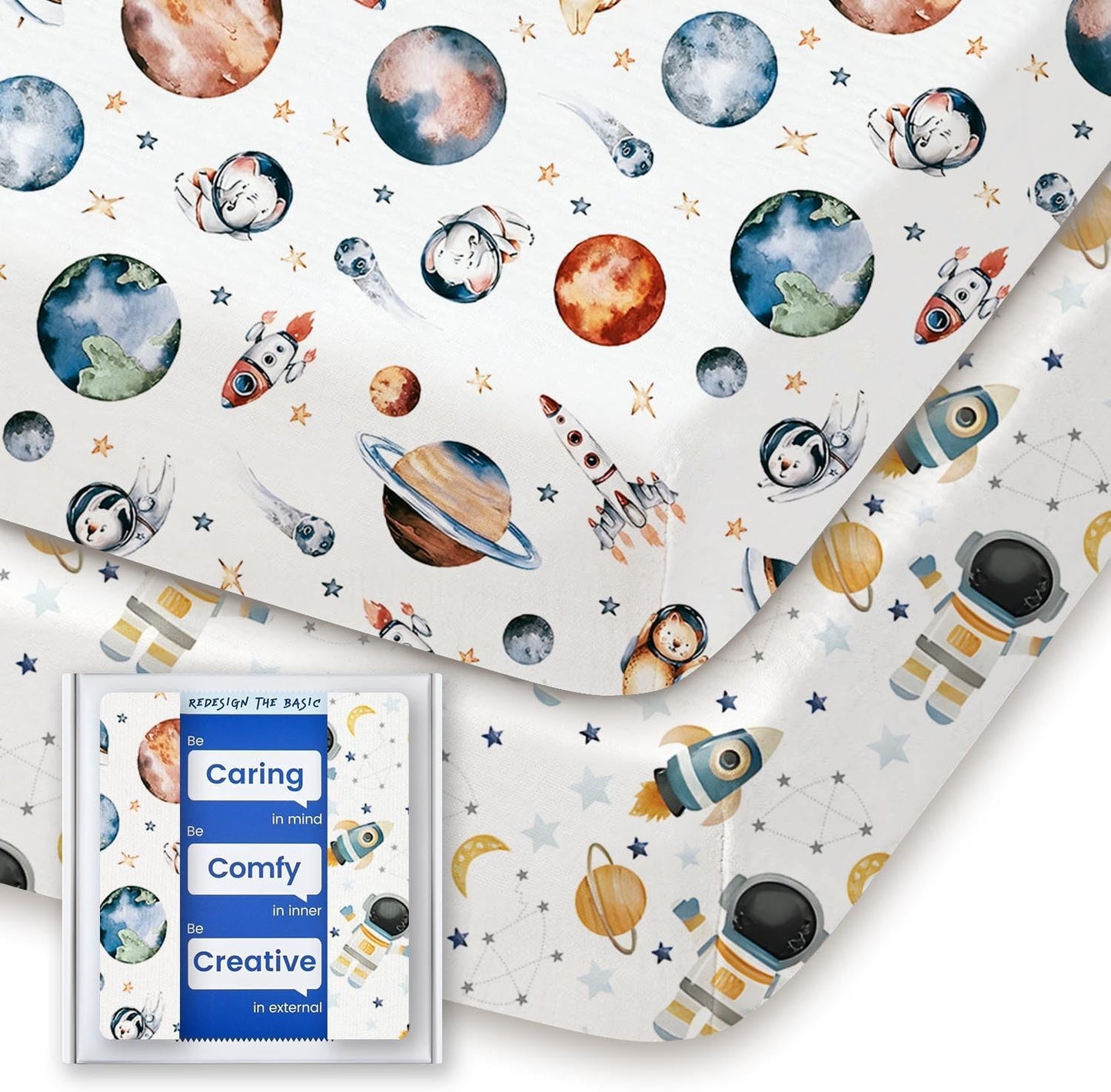 Graco Pack and Play Sheets Fitted, TotBasic Ultra Soft Mini Crib Sheets Boy, Neutral Pack N Play Mattress Sheets Hypoallergenic and Soothing, Premium Jersey Playrad Sheets, 2 Pack(Space Explorer)