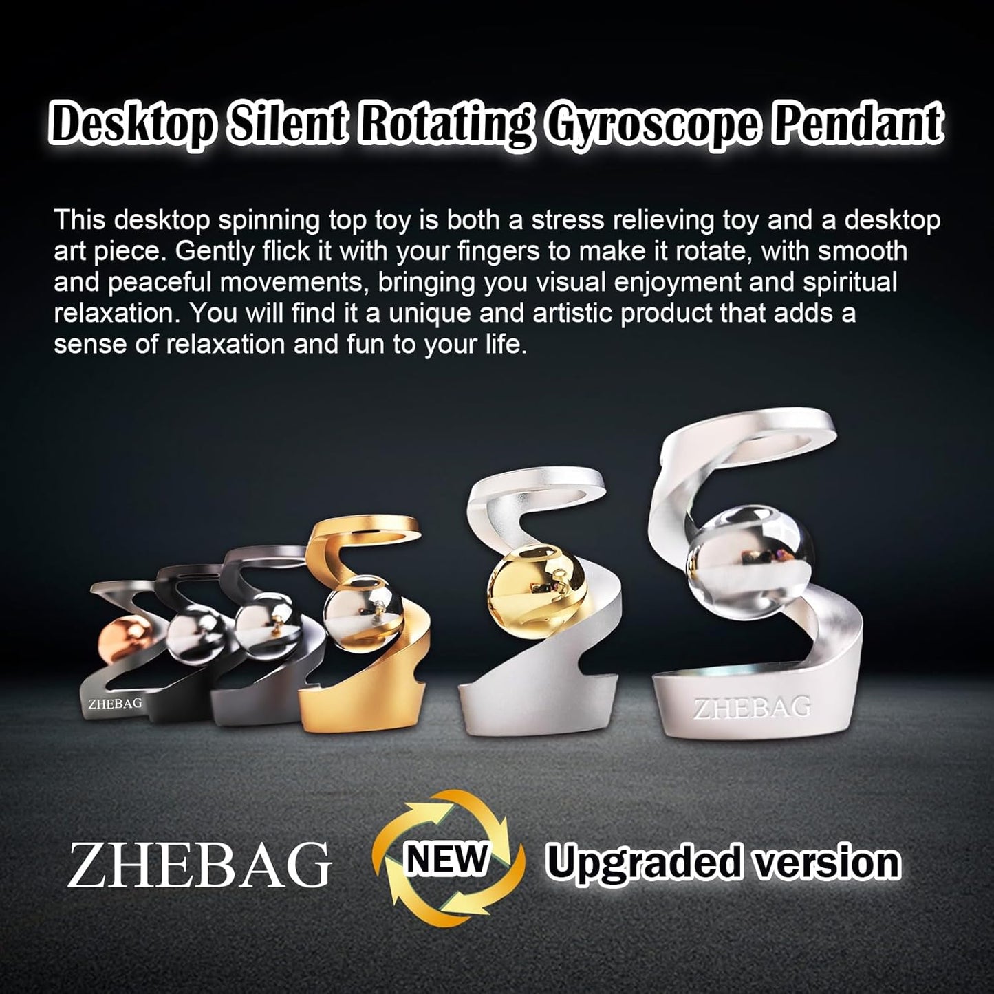 Kinetic Desk Toy, Metal Fidget Toys for Adults, Unique Optical Illusion Stress Reducing Desktop Spinning Toy, Adult Sensory Toys, Decorative Gifts for Offices and Cars(Black- Silver)