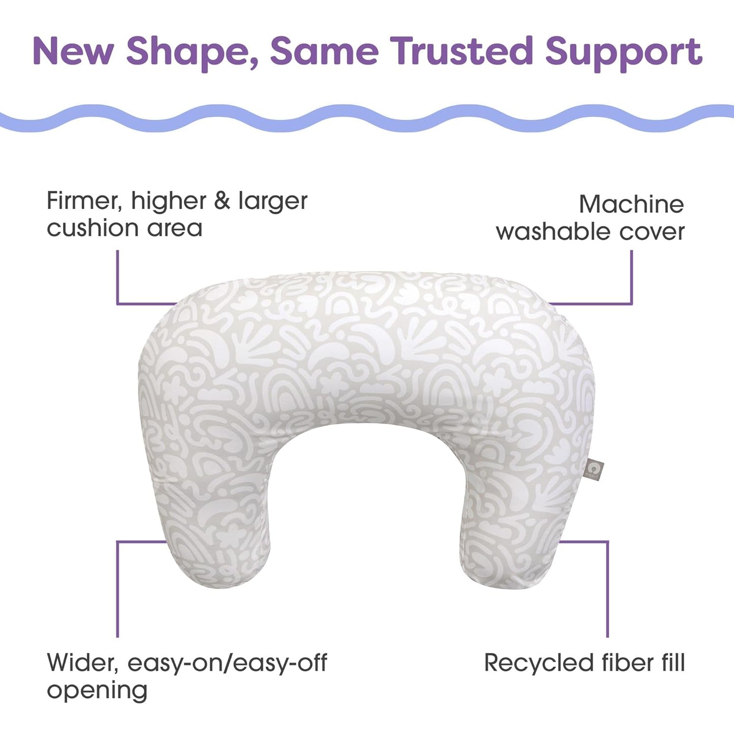 Boppy Nursing Pillow - Ergonomic Bottle & Breastfeeding Pillow with High, Firm, Large Area, Water-Repellent Cushion with Washable Cover; Baby Safety Alliance Verified - Cream Retro Squiggles