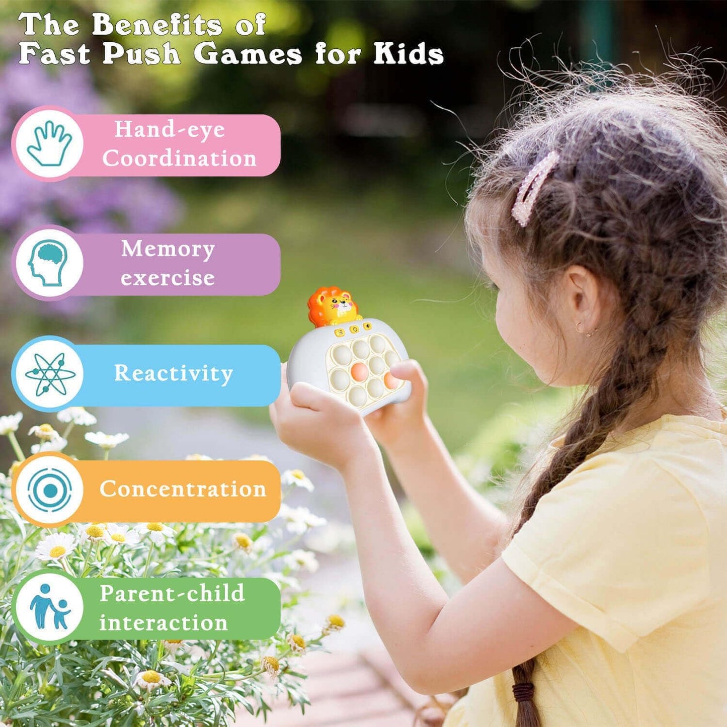 Fast Push Pop Game It Fidget Toys Pro for Kids Adults, Handheld Game Machine, Squeeze Poppet Sensory Electric Quick Push Bubble Toy, Birthday Gifts for Boys Girls Teens （Lion）