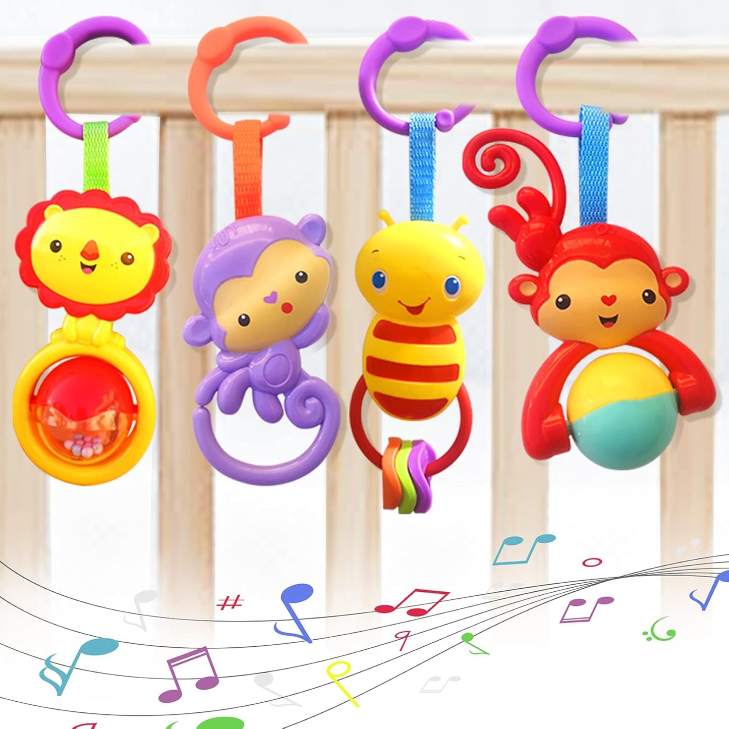 Baby Toys, Cartoon Animal Hanging Rattle Toys, Handbells Baby Rattles, Baby Bed Crib Car Seat Travel Stroller Toys for Infant, Best Birthday Gift for Newborn, 4 Pack