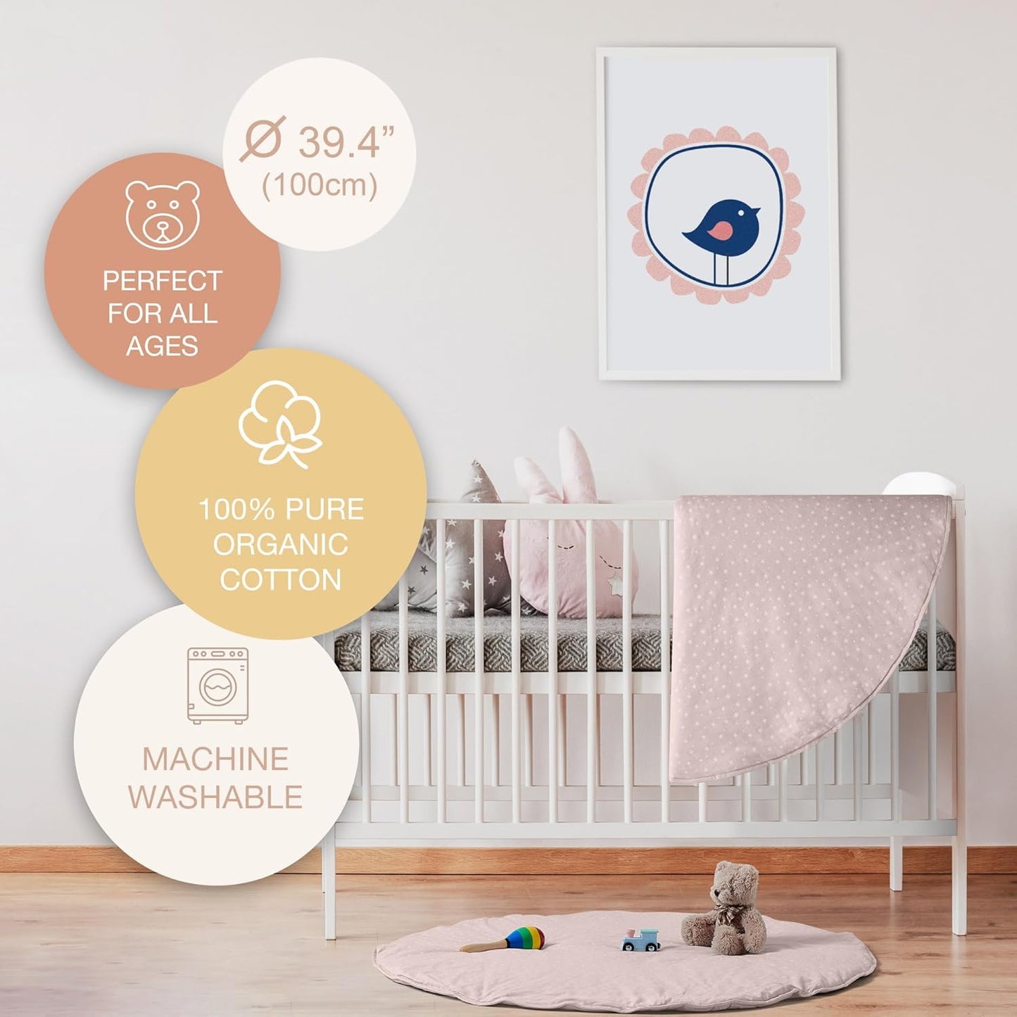 Byrd & Blume Round Baby Play Mat, Organic Cotton Soft Padded Nursery Floor Mat, Safe Hypoallergenic Baby Mat, Reversible, Foldable, Portable Infant Tummy Time Mat Fits Tents & Playpens (40"x40") Pink