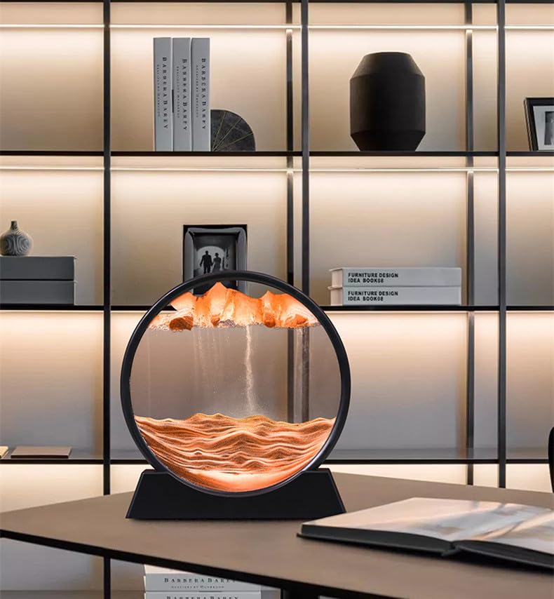 Moving Sand Art Picture in Motion Round Glass 3D Deep Sea Landscape, Dynamic Sand Art Sandscapes, Sensory Relaxing Desktop Table Decor Desk Decor Art Desk (7 inch, Orange)