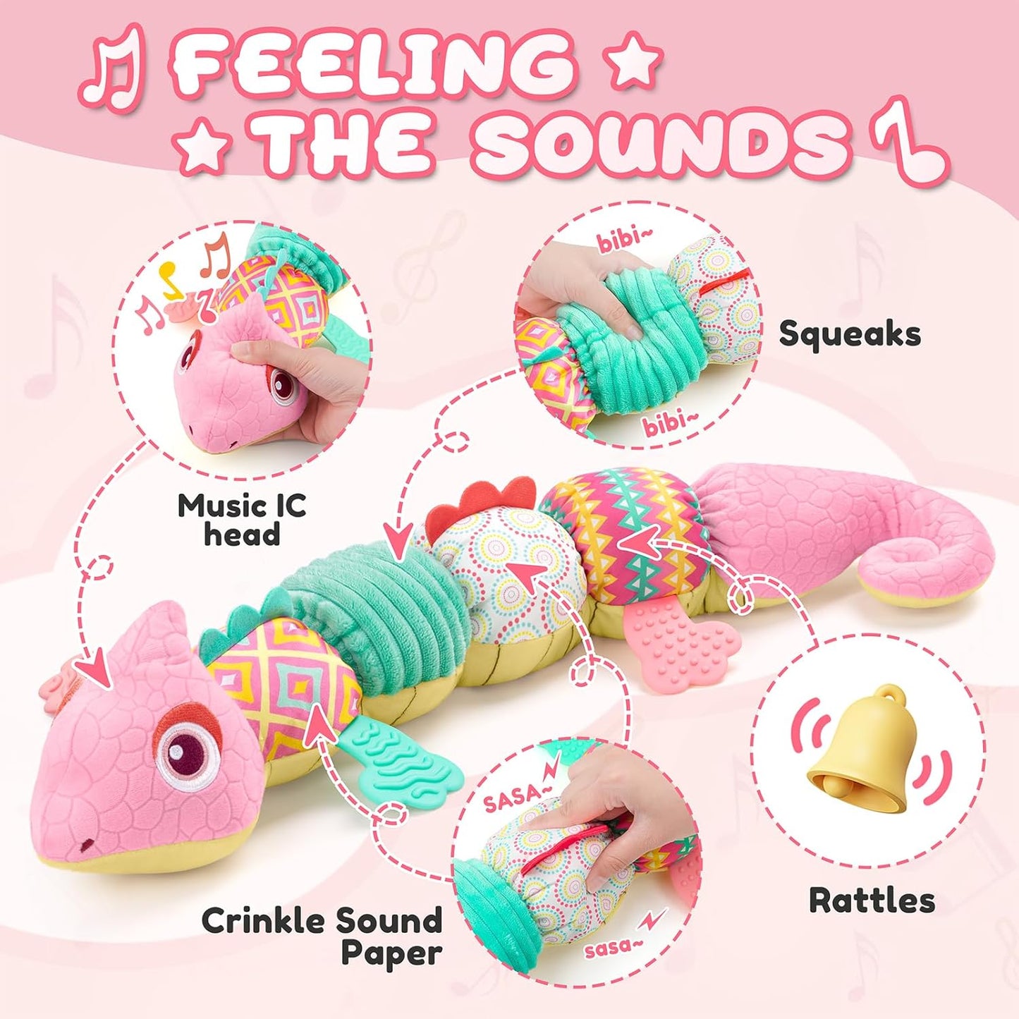 Baby Toys 0-6-12 Months, Musical Stuffed Animal Activity Soft Toys with Multi-Sensory Crinkle,Rattles and Textures,Infant Baby Girl Toys Gifts for Newborn Tummy Time,Dinosaur,Pink