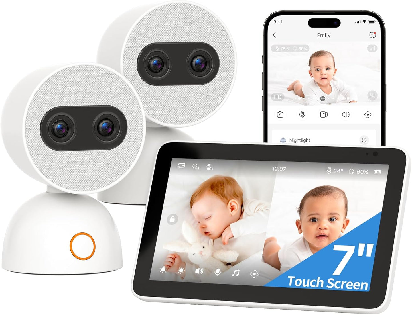 Simsky Split Screen Video Baby Monitor with 2 Cameras, 2× 4MP Resolution, 7" HD Touch Screen Smart Audio Baby Monitor, 6X Optical Quality Zoom, App Remote Access, 5200mAh Battery, 32GB Local Storage