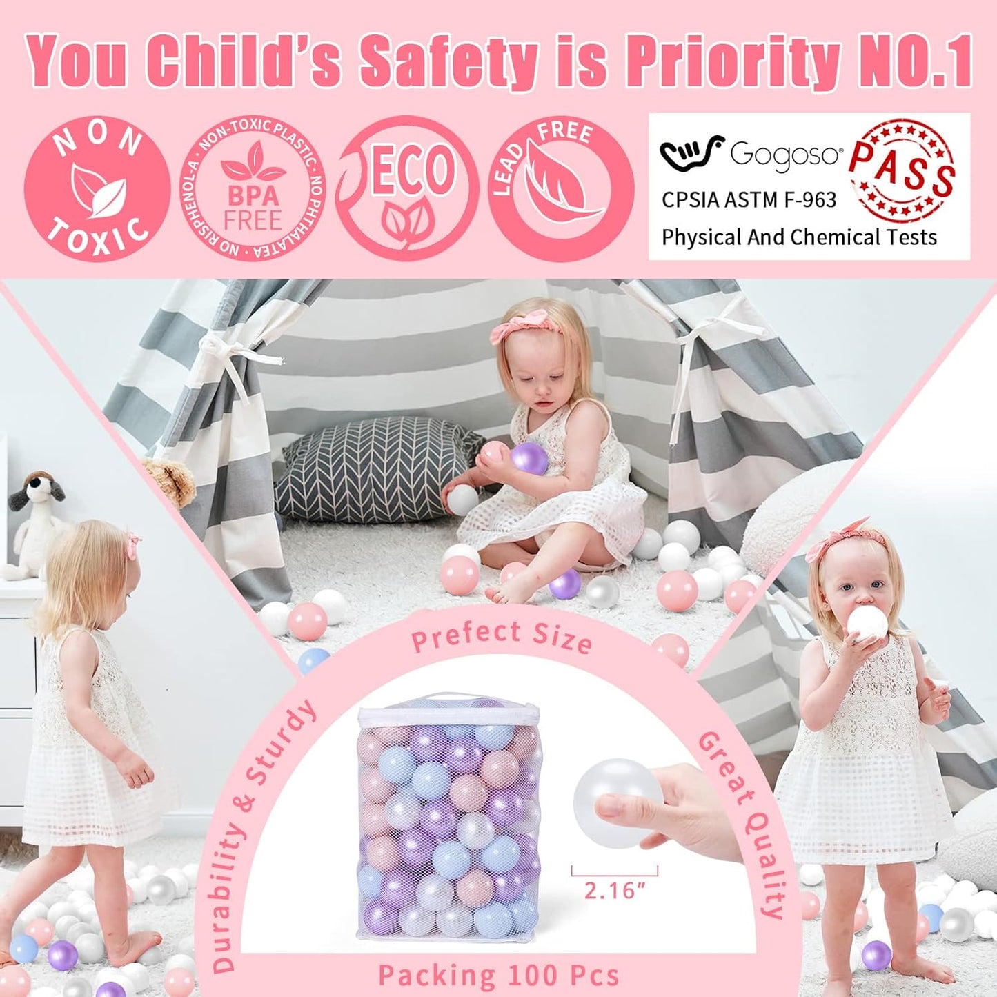 GOGOSO Ball Pits Balls for Toddlers Pack of 50 100 200 Plastics Shape Ball Non-Phthalate Non-BPA Non-Toxic 2.2-Inch Crush Proof Play Balls