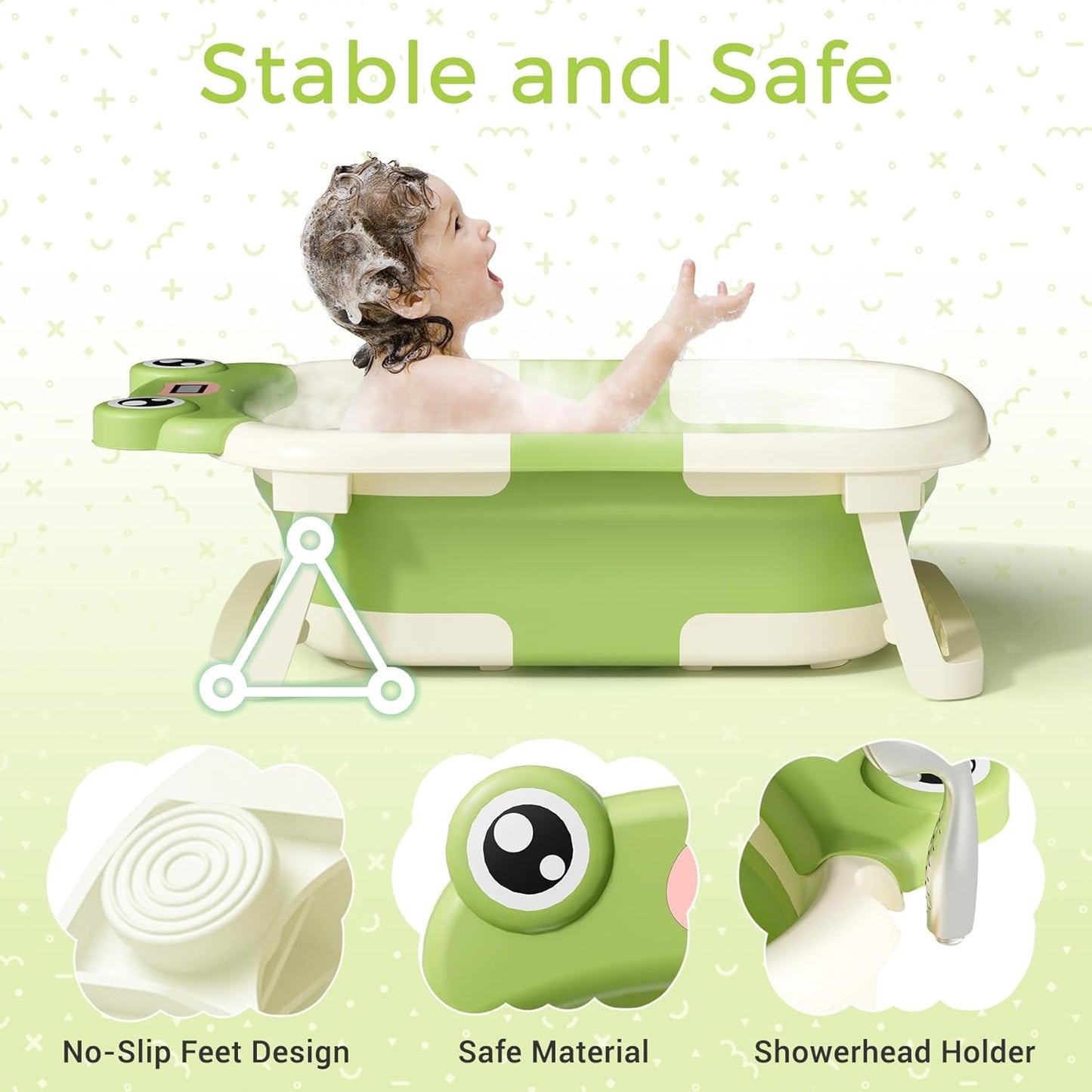 Baby Bathtub, Collapsible Newborn Bathtub for Infant to Toddler 0-24 Months with Soft Cushion and Thermometer,Portable Travel Newborn Tub with No-Slip Feet, Baby Shower Gifts,Green