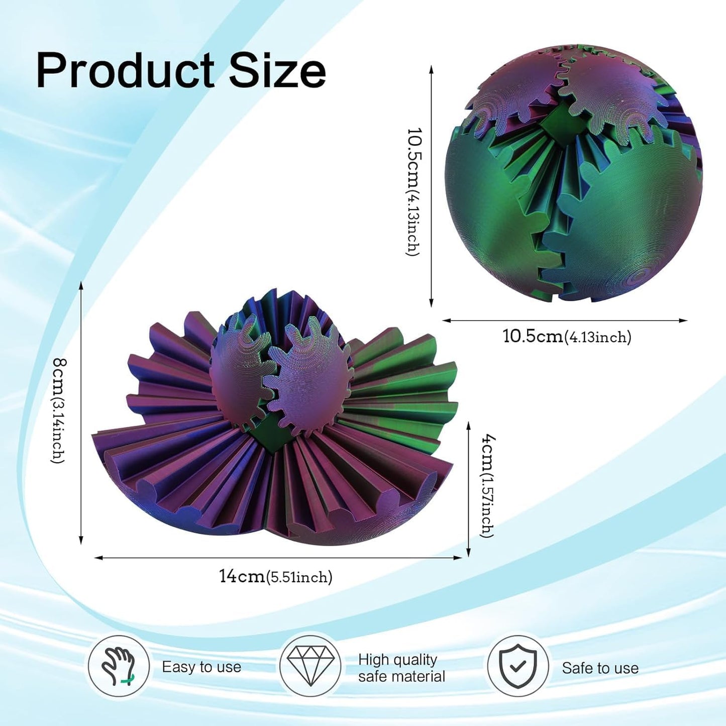 4-inch Larger 3D Printed Gear Ball - Marvellous Design Gear Sphere, Already Assembled 360° Rotatable Gearsphere, Steampunk Whirling Wonder Fidget for Stress and Anxiety Relief (Blue Purple)