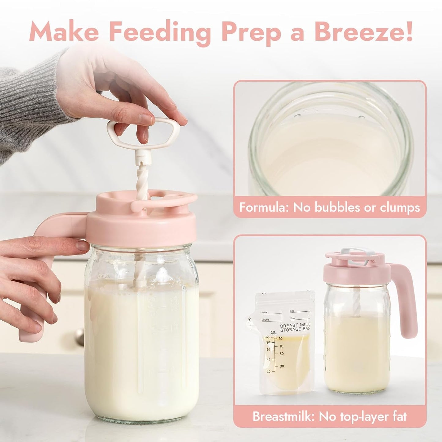Papablic Glass Breastmilk Pitcher, Formula Mixing Pitcher with Mixing Handle Lid, Wide Mouth Mason Jar Mixer with Flip Locking Spout, Easy to Clean, BPA Free, Pink