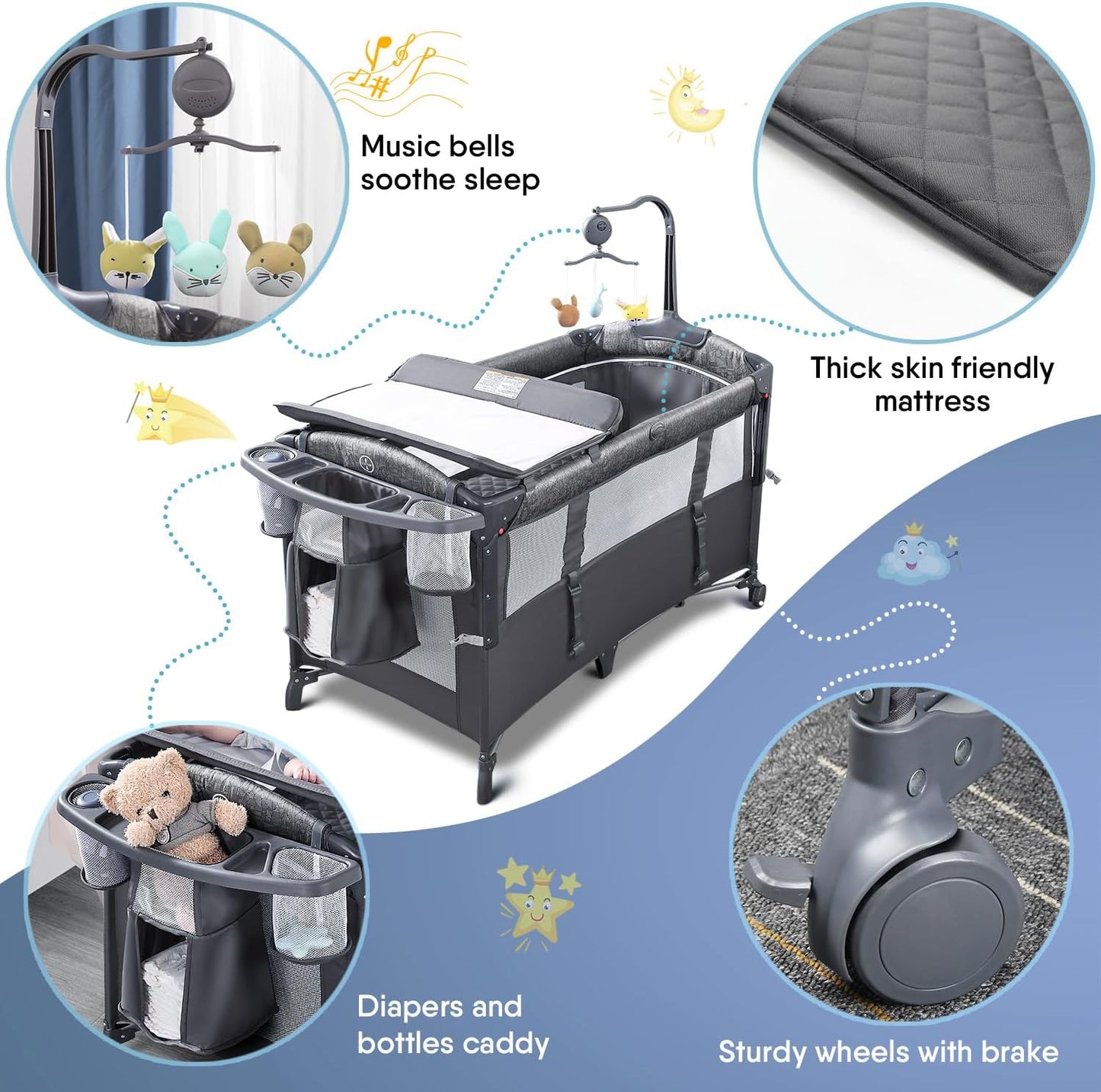 BabyBond Baby Bassinet Bedside Crib, Pack and Play with Sheet, Diaper Changing Table and Music Mobile from Newborn to Toddles, Portable Large Playard