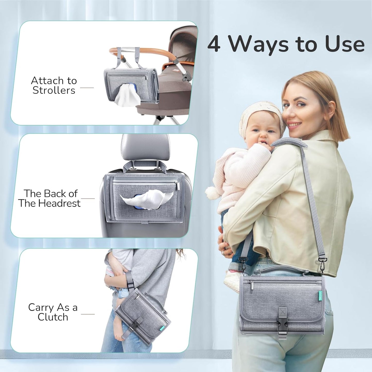 Portable Diaper Changing Pad with Shoulder Strap, Detachable Travel Changing Pad with Baby Wipes Pocket, Gifts for Baby Shower, Newborn Girls and Boys (Austere Grey)