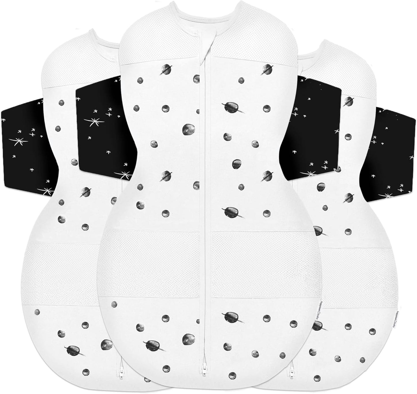 Happiest Baby SNOO Sleep Sack - 100% Organic Cotton Baby Swaddle Blanket - Doctor Designed Promotes Healthy Hip Development - 3-Pack Bundle (Ivory Planets with Black Wings, S, M, L)