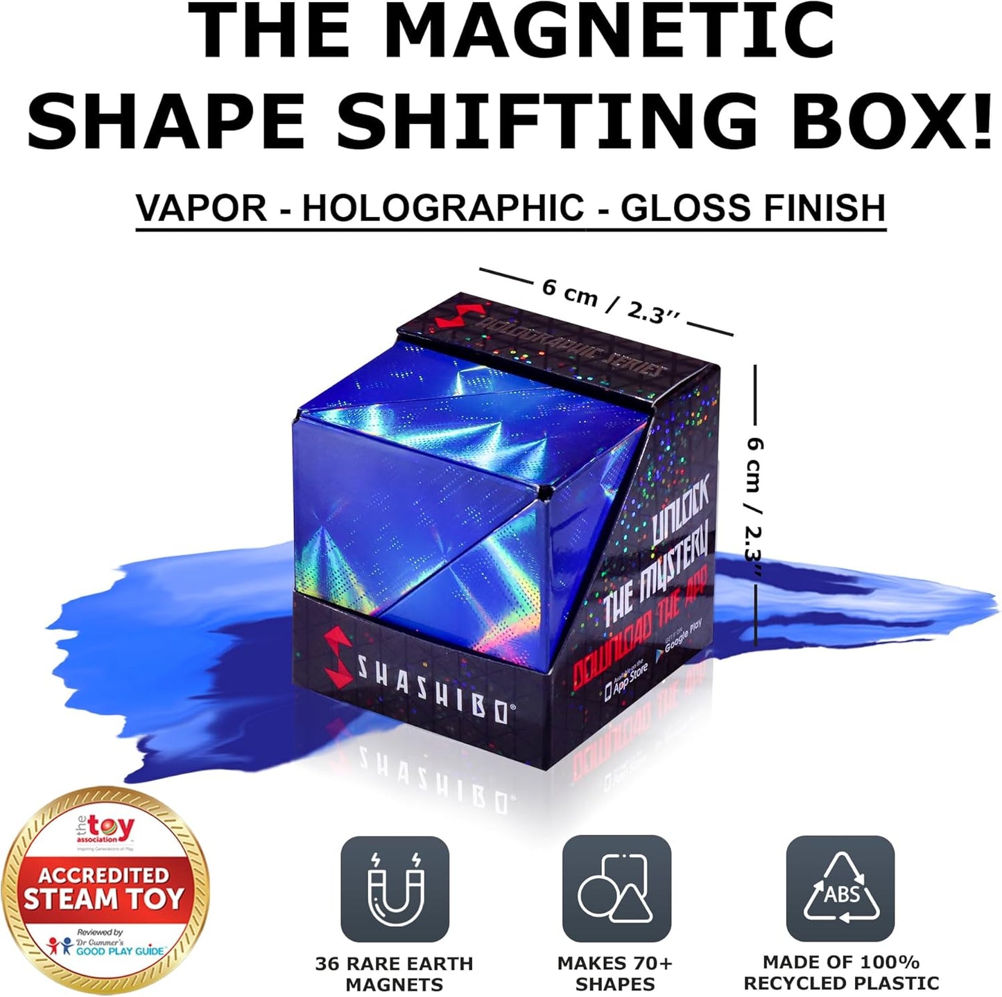 SHASHIBO Shape Shifting Box - Award-Winning, Patented Fidget Cube w/ 36 Rare Earth Magnets - Transforms Into Over 70 Shapes, Download Fun in Motion Toys Mobile App (Holographic - Vapor)