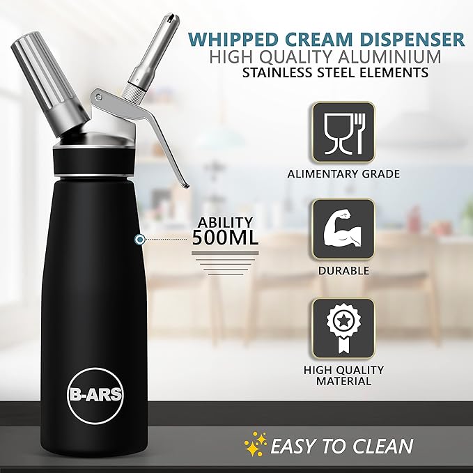 B-ARS Whipped Cream Dispenser-Professional Dispenser-Whip Cream Dispenser -Whipping Siphon-Whipped Cream Maker-Cream Whipper-Aluminum Whipped Cream Dispenser 500 ml.