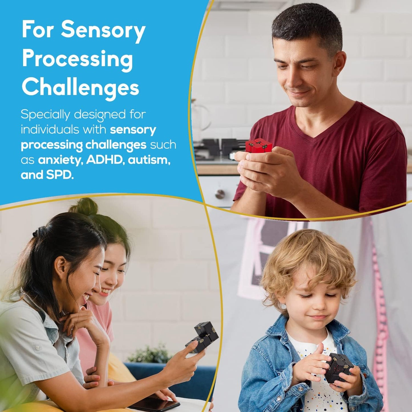 PILPOC theFube Infinity Cube Fidget Desk Toy - Aluminum Infinite Magic Cube with Case, Sturdy, Heavy, Relieve Stress and Anxiety, for ADD, ADHD, OCD (Blue Pink)