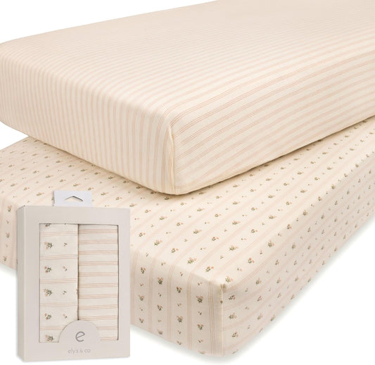 Ely's & Co. Crib Sheets, Baby Girl Fitted Crib Mattress Sheet Set, 2 Pack, 100% Jersey Knit Cotton, Infant and Toddler Nursery Bedding, 28” x 52” Pink Linear Floral Collection