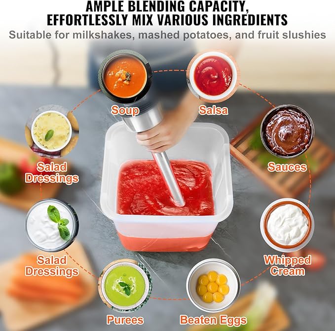 VEVOR Commercial Immersion Blender, 750W 16" Heavy Duty Hand Mixer, Variable Speed Kitchen Stick Mixer with 304 Stainless Steel Blade, Multi-Purpose Portable Mixer for Soup, Smoothie, Puree, Baby Food