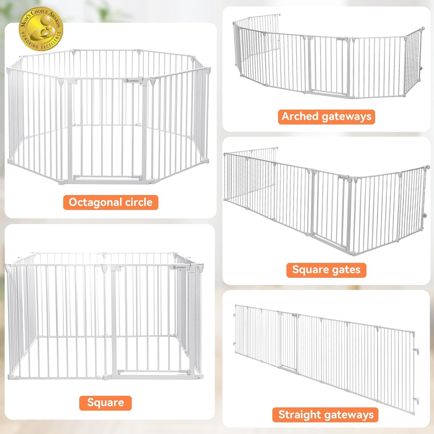 COMOMY 198" Baby Gate Extra Wide, Dog Gate Pet Gate for House Stairs Doorways Fireplace, Adjustable 3 in 1 Play Yard Child Safety Gate, Auto Close, Hardware Mounted (30" Tall, White)
