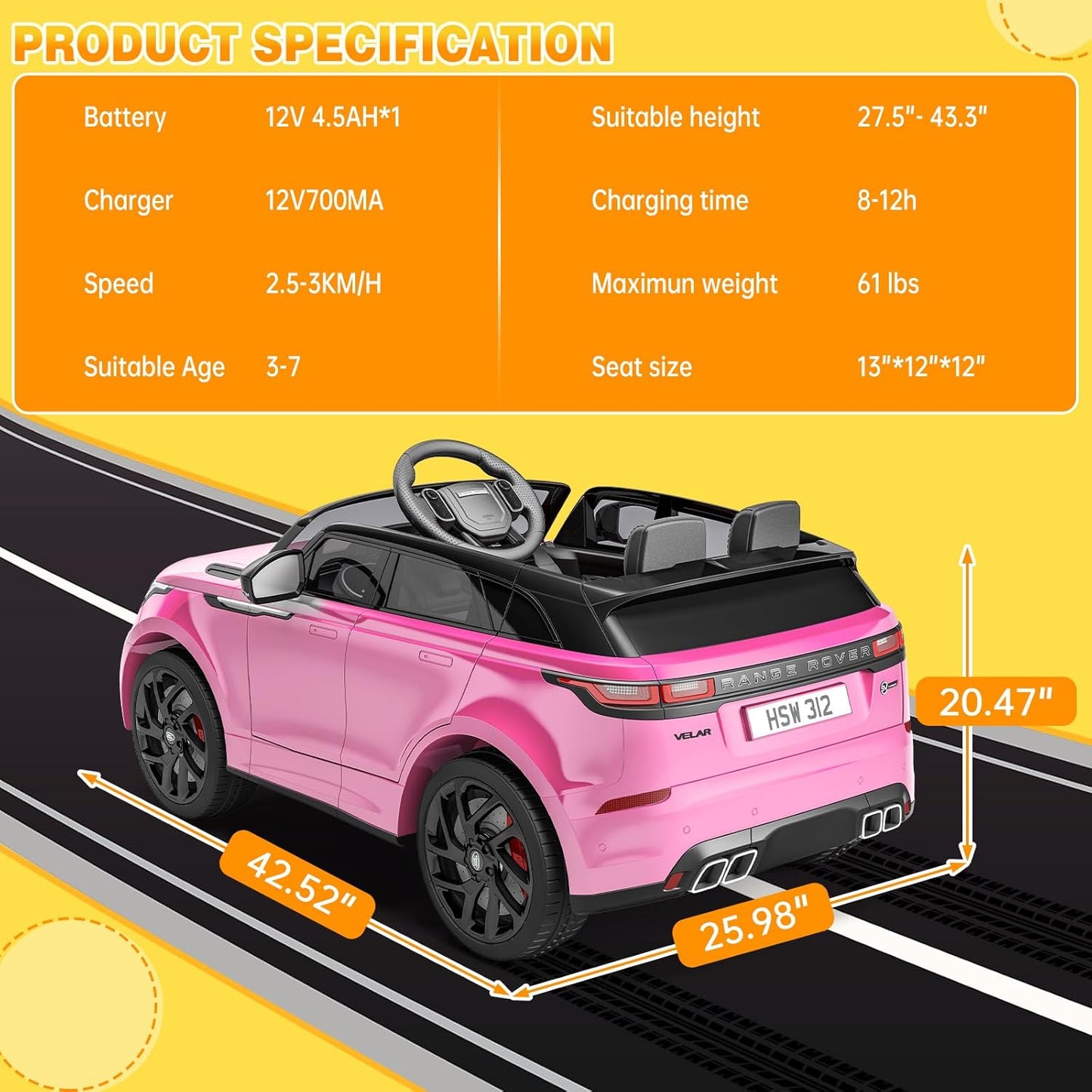 Hetoy Kids Ride On Car with Remote, Licensed Land Rover Kids Electric Car, Ride On Toys for Kids 3-8 with Mp3 Player, Rocking, Pull Rod, Pink
