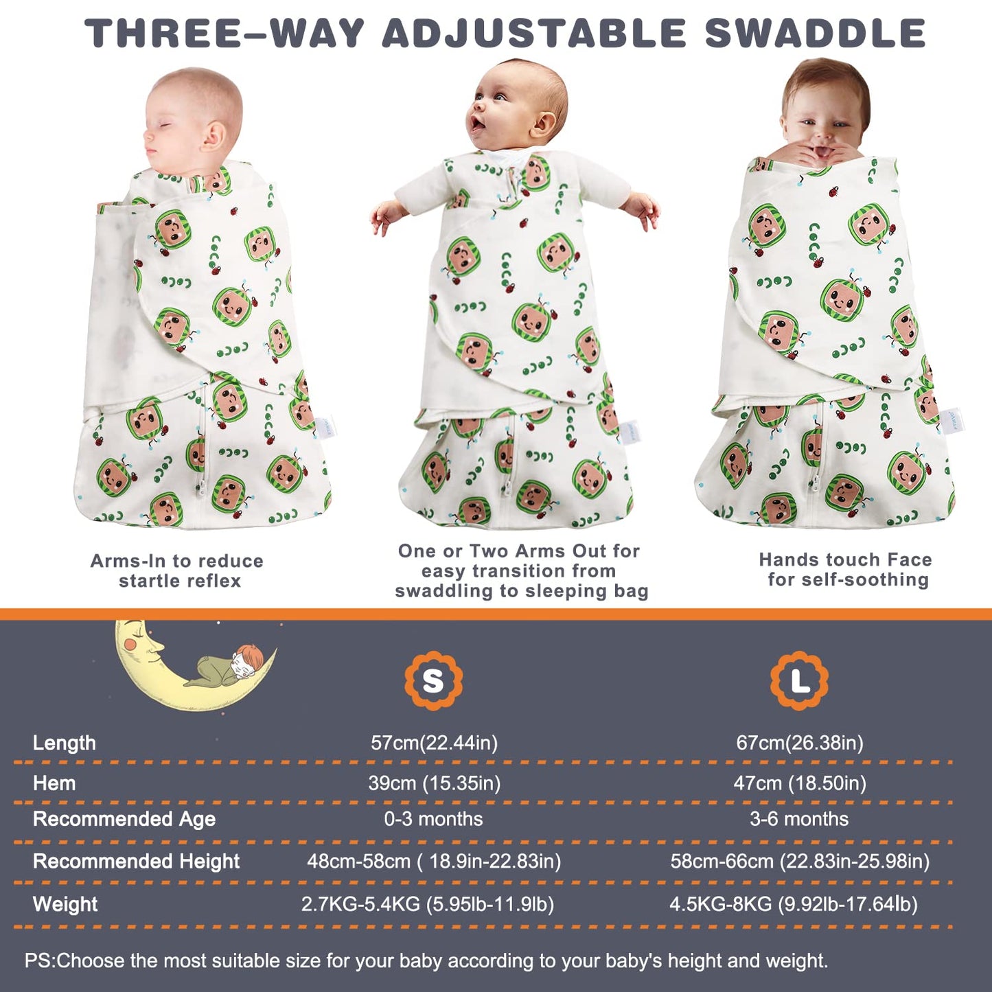 Swaddle-Blanket Baby Girl & Boy Swaddles Newborn Infant Transition 100% Cotton Wrap Blankets, 3-Way Adjustable Wearable Blanket, TOG 1.0 (Watermelon 3-6 Month)