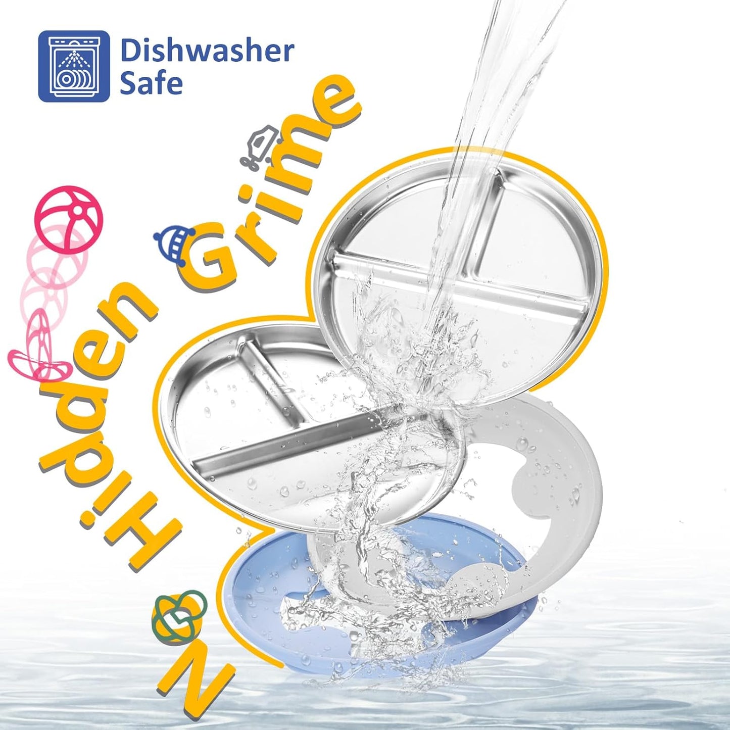 Stainless Steel Suction Plates for Toddlers, 9" Divided Kids Baby Plates with Removable Silicone Suction, Non Toxic Non Slip Portion Control Snack Dishes 3 Packs, Blue Gray Beige