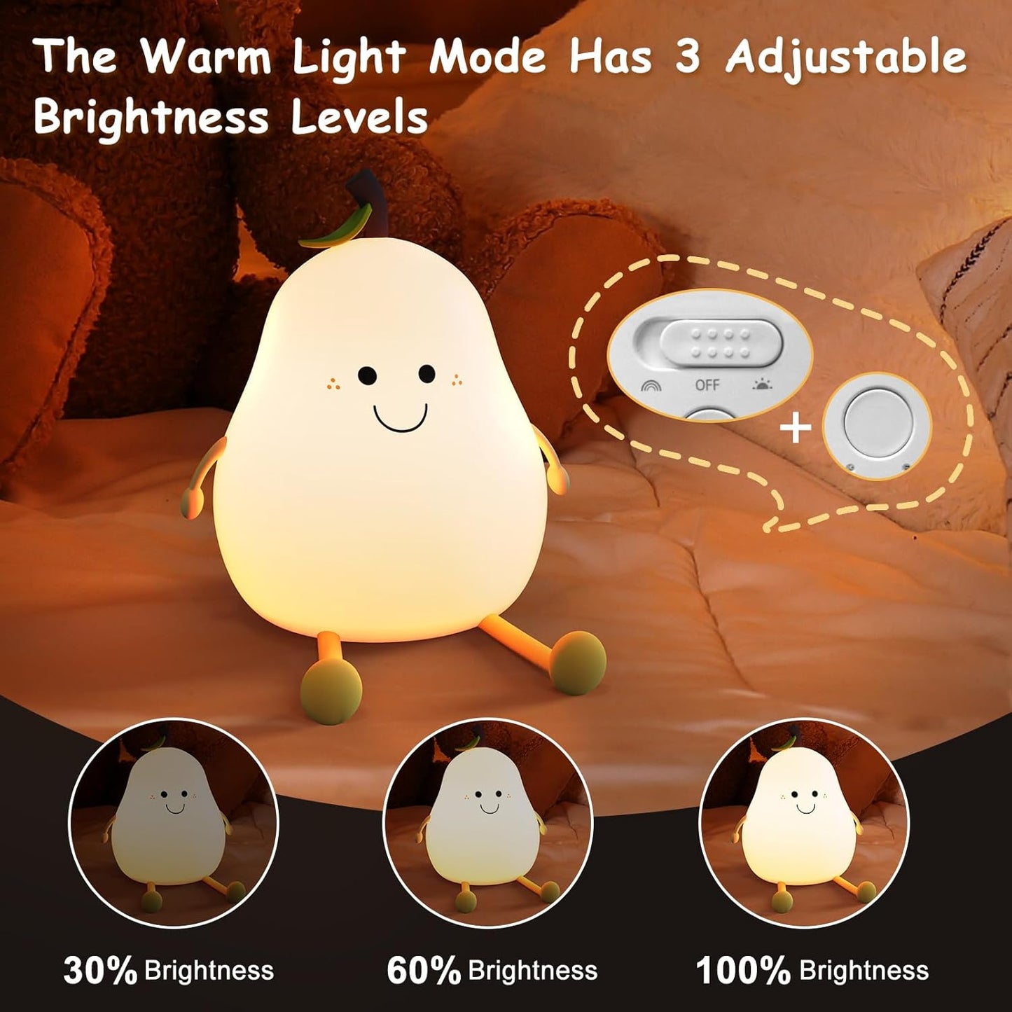 Aolyty Kids Night Light, Cute Silicone Pear Table Lamp Warm Light&7 Colors Modes Clap Light with Timer Dimmable Bedside Lamp USB Charge Gifts for Children Boys Girls Room Decor