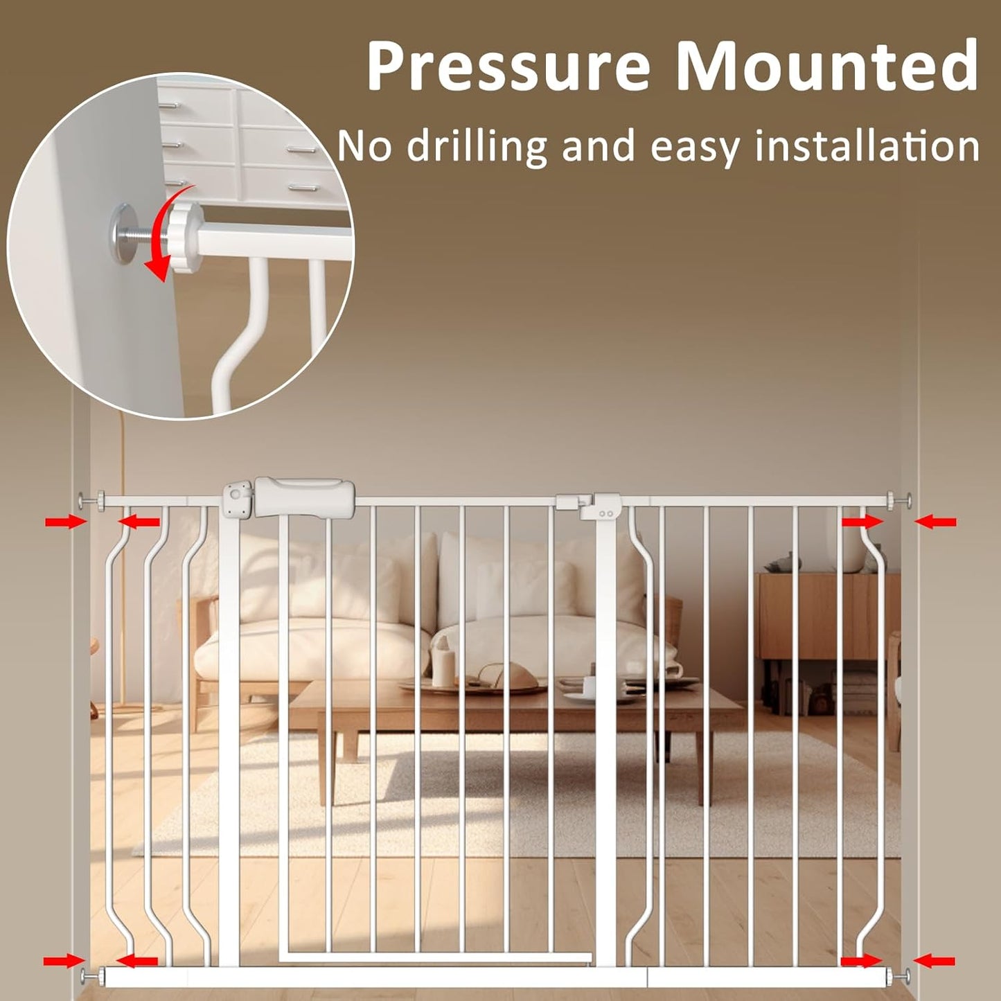 ALLAIBB Extra Wide Baby Gate Pressure Mount with Auto-Close, White Metal Safety Gate for Stairs & Doorways - Child Proof, Pet Barrier for Hallways, Kitchen, Living Room for 62.02-66.93 inch
