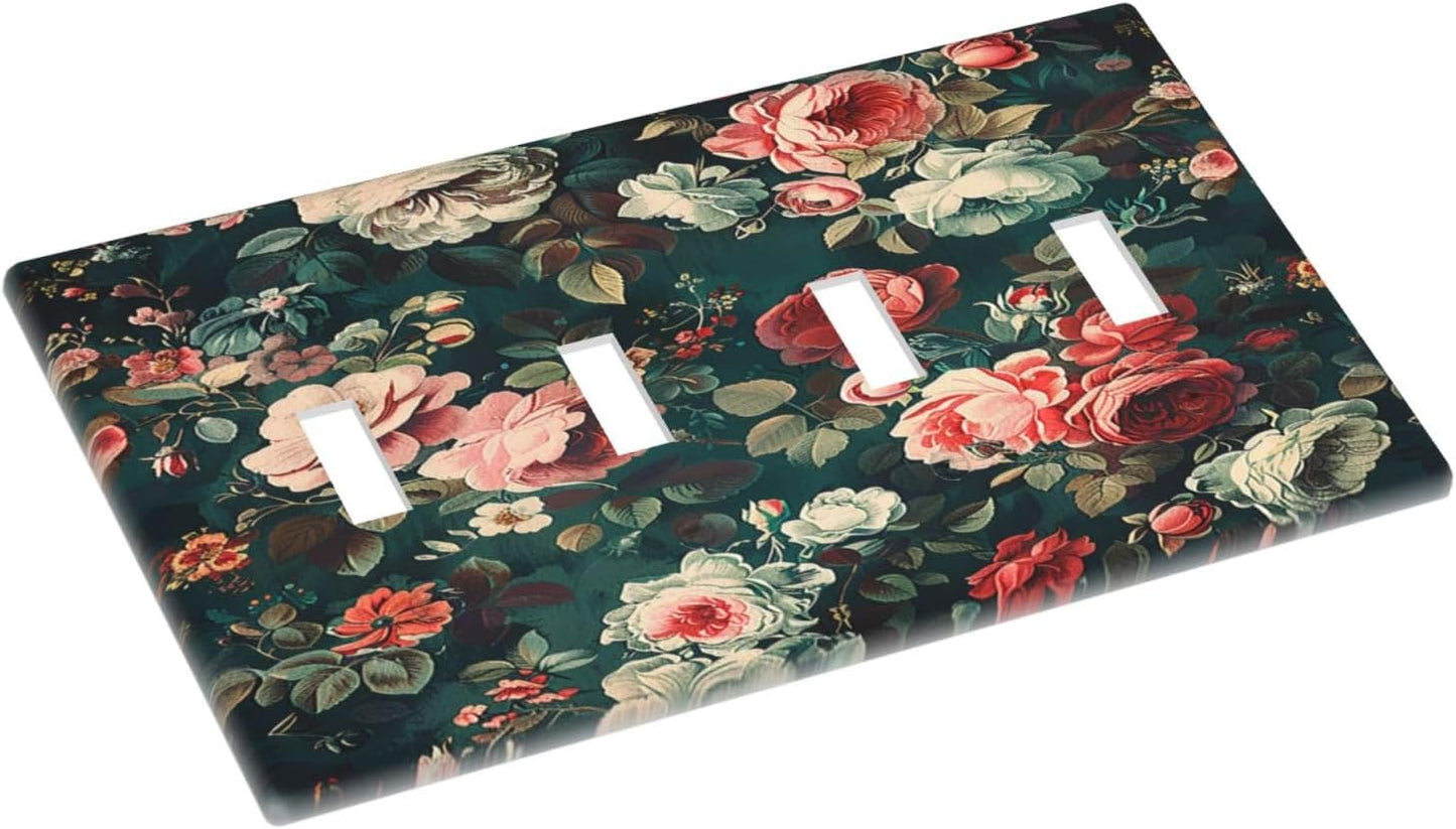 Light Switch Covers Baroque Vintage Peony Flower Floral Quad Toggle Electrical Faceplate 4 Gang Wall Plate Decorative Switch Plates for Bedroom Farmhouse Decor