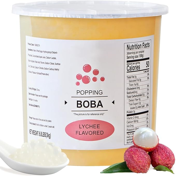 Soeos Lychee Popping Boba Pearls, 6.6 lbs (3000g), Bursting Boba Pearls for Bubble Tea, Beverages, Shakes, Desserts, Smoothie and Ice Cream Topping, Ready-to-Eat