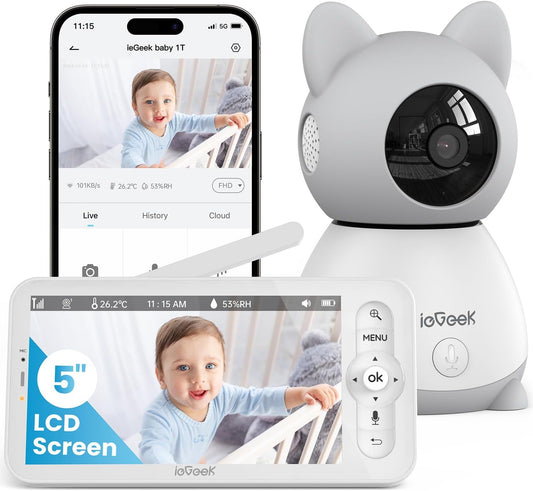ieGeek Baby Monitor with Camera and Audio - 2K Video Monitor with 5" Screen - Night Vision, Two-Way Talk, Cry&Motion Detection, Temper& Humidity Sensor, PTZ, Remote Control via Screen and Free APP