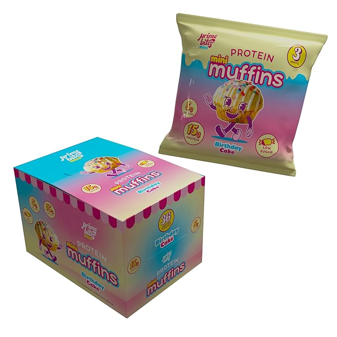 Prime Bites Minis | Protein Mini Muffins from Alpha Prime Supplements | High Protein, Collagen Fortified Low Sugar Treat | Delicious Snack | 12 Packs per Box - Birthday Cake