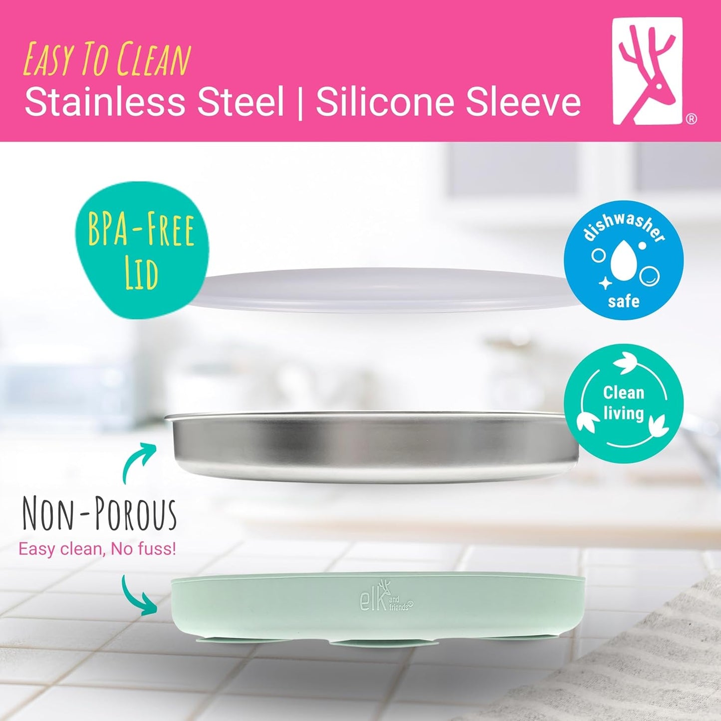 Elk and Friends Stainless Steel Divided Plates with Silicone Sleeve for Babies & Toddlers | Lids Included | Stay Put Suction | Dinner & Snack Plates | 2 Pack