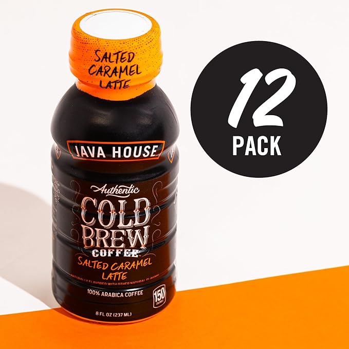 Java House Cold Brew Coffee Ready to Drink Bottles - Salted Caramel Latte - Pack of 12 8oz Bottles - 100% Arabica Coffee