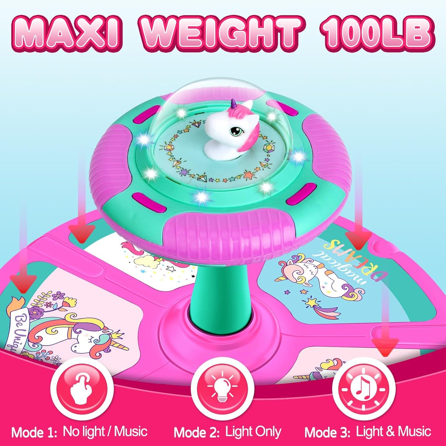 Unicorn Sit and Spin Toy Birthday Gift for 2 3 4 Years Old Girl - Toy for Toddler Girl Ages 1-3 2-4, Kids 360° Spinning Seat with LED & Music, Indoor Active Play Early Development Toys