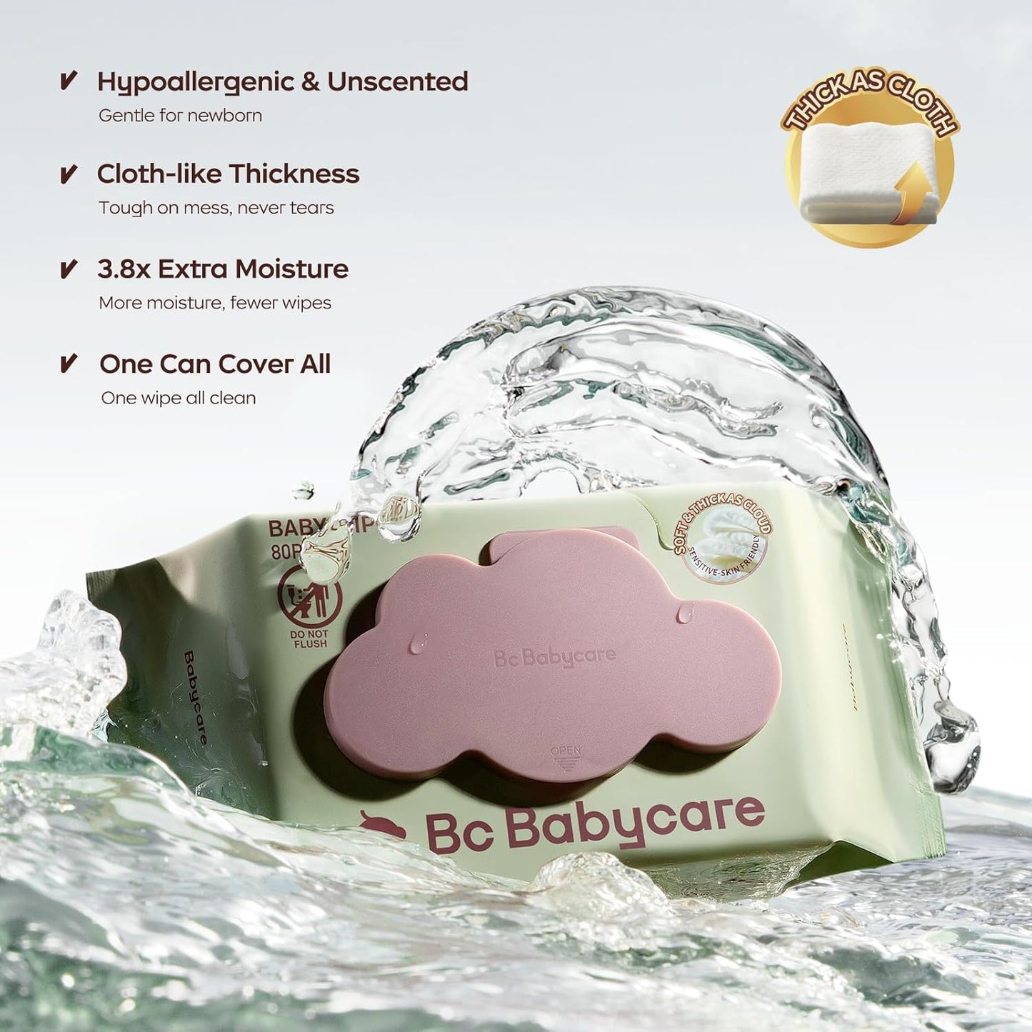 Bc Babycare Cloud Moist Baby Wipes, Thick & XL, 99% Water, Ultra-Hydrating, Unscented, Hypoallergenic for Sensitive Skin, Biodegradable, 8 Flip-Top, 640 Count