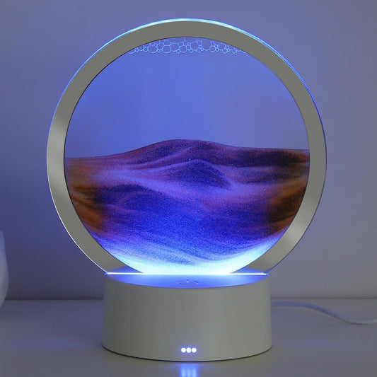 KPNUWN Moving Sand Art Liquid Motion, 3D Deep Sea Sandscape Color Quicksand Decor, Round Glass Moving Sand Art Picture Relaxing Desktop Home Office Work Decor (7 inch-Orange Light)