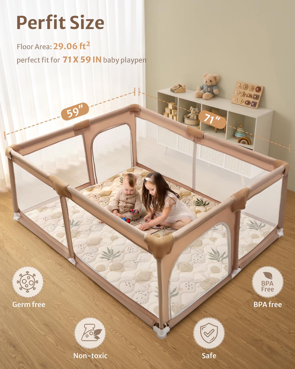 Blissful Diary Baby Play Mats for Floor, 71x59 Inch Extra Thicker & Large Soft Cushioning Foam Playmats for Babies and Toddlers, Foldable Washable Baby Crawling Mat for Playpen, Earth Tones Design