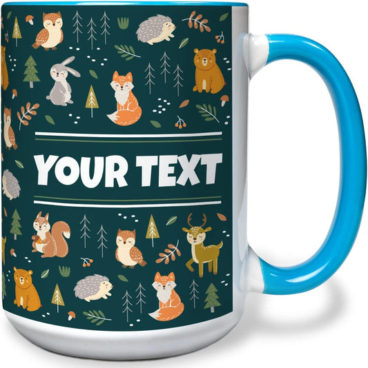 Personalized Mug for Kids - Woodland Animals - Custom Name/Text, Ceramic Hot Chocolate/Coffee Cup for Boys/Girls, Birthday/Christmas/Holiday Gift - 15 oz, Light Blue Handle