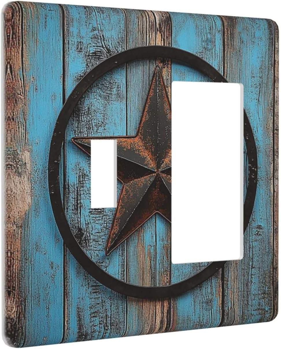 Outlet Covers Rustic Wood Country Barn Texas Star On Teal 1 Toggle 1 Rocker Combination Decorative Wall Plate Electrical Switch Plates Light Switch Cover Plate For Farmhouse Cabin Decor