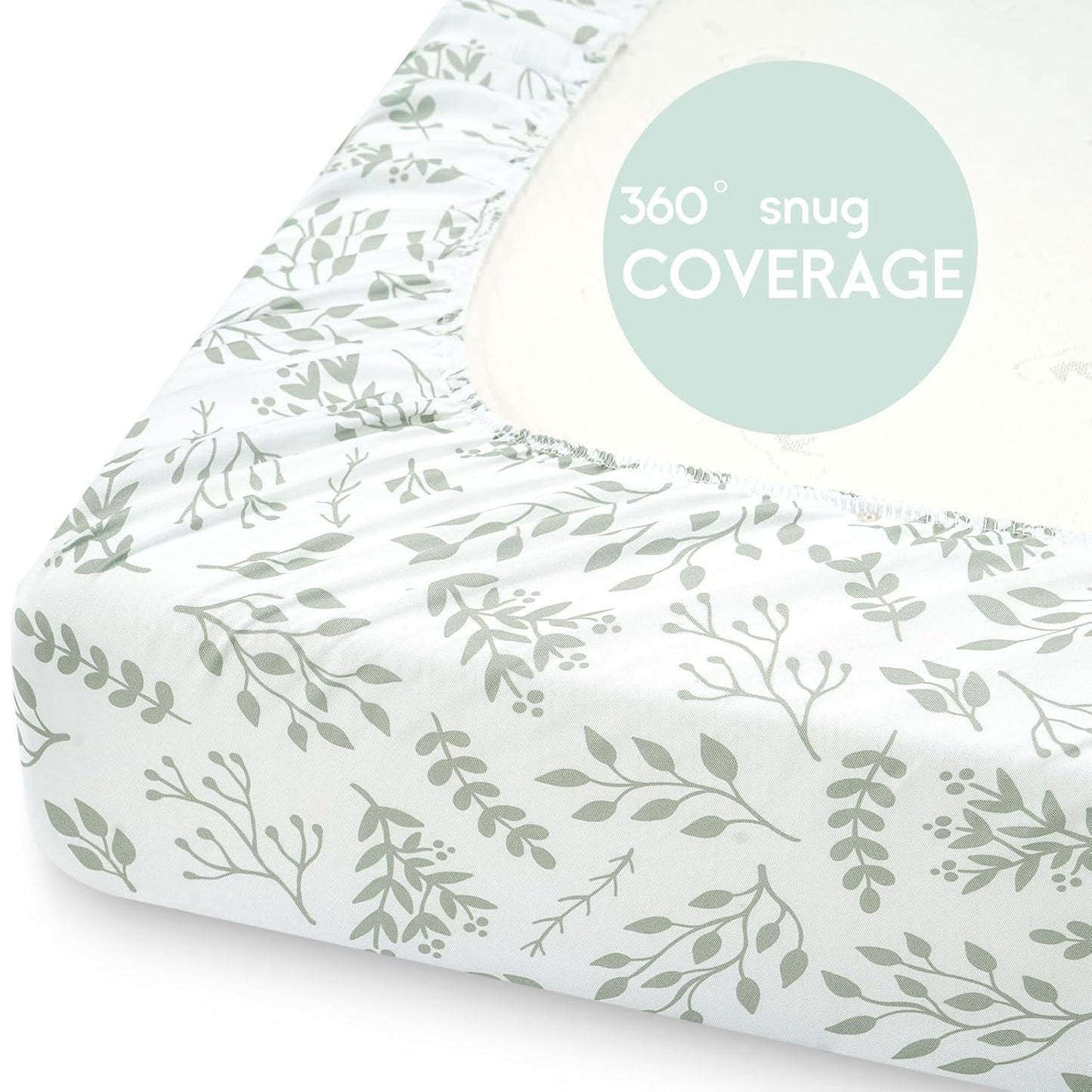 Yoofoss Pack and Play Sheets Fitted, Mini Crib Sheets 2-Pack for Pack N Play Mattress, Stretchy Playard Sheet, Soft and Breathable Green + Leaf