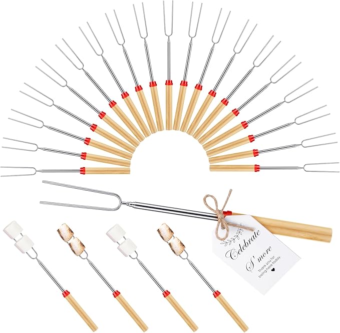 24 Sets S'mores Party Favor Includes Smores Sticks for Fire Pit Celebrate Smore Birthday Party Favors Tags with String Extendable Marshmellow Sticks Smores Skewers for Wedding Camping