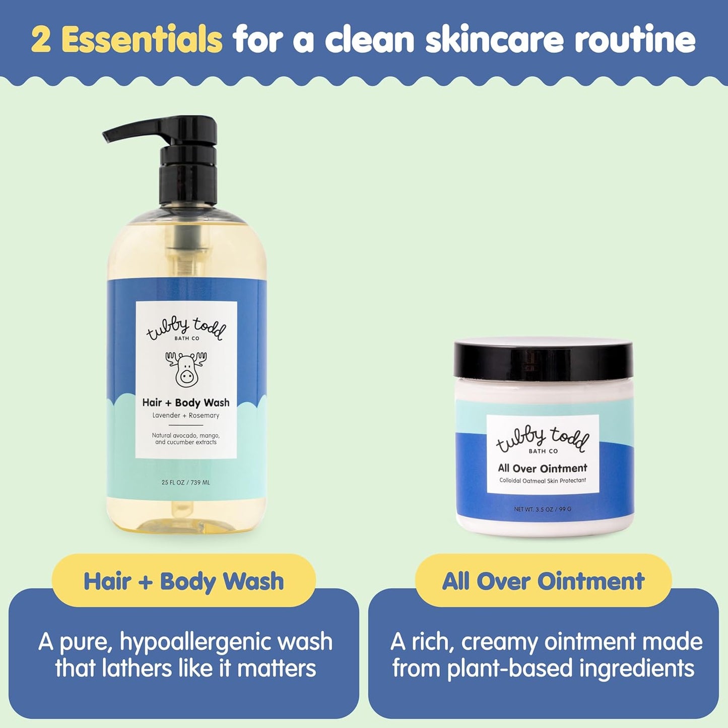 TUBBY TODD's Baby Body Wash & All Over Ointment Eczema Set - Gentle, Hypoallergenic Skincare for Newborns & Toddlers - 25oz, Lavender Rosemary