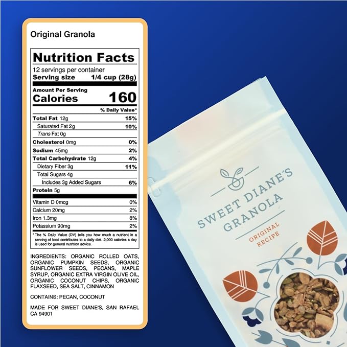 Sweet Diane’s Granola – Standard Size (12 oz): Organic, Low-Sugar, High-Fiber, Gluten-Free, Vegan, Delicious Breakfast and Snack Topper (Classic Size, Original Recipe)